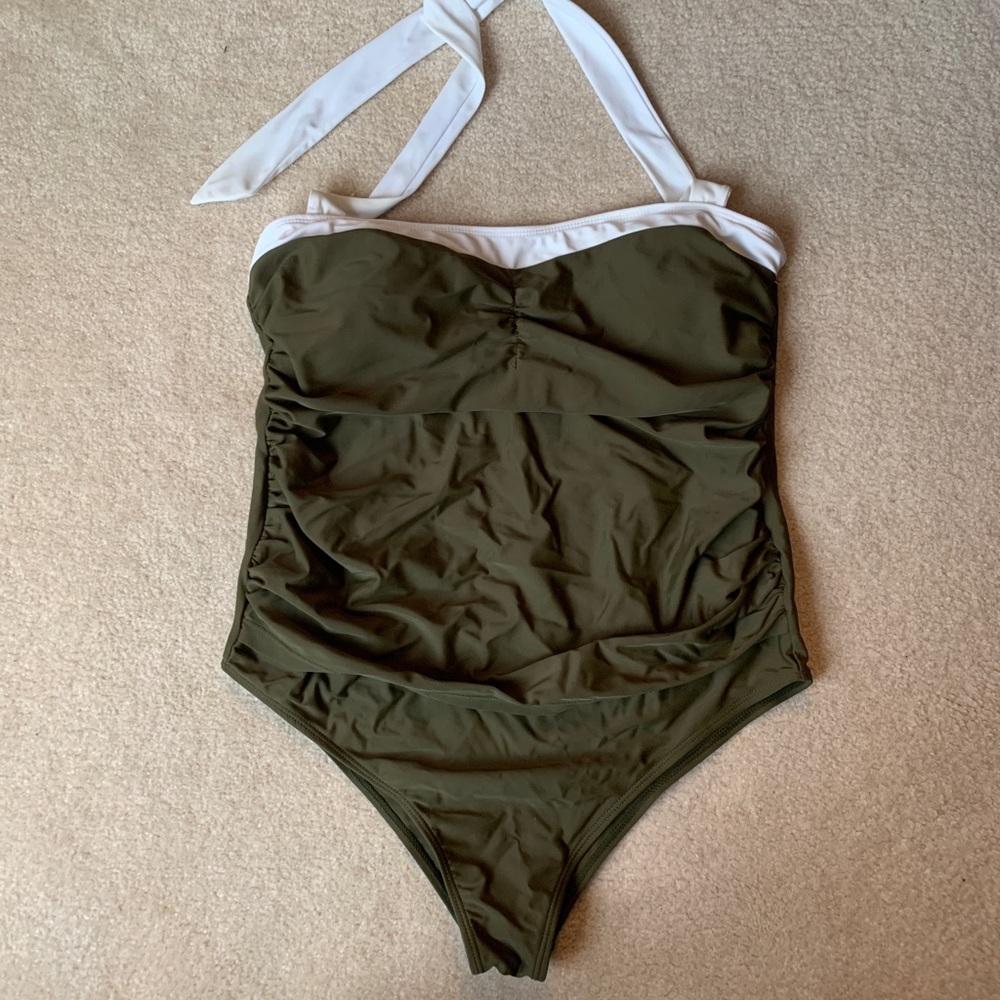 Hunter green and white maternity halter swim suit